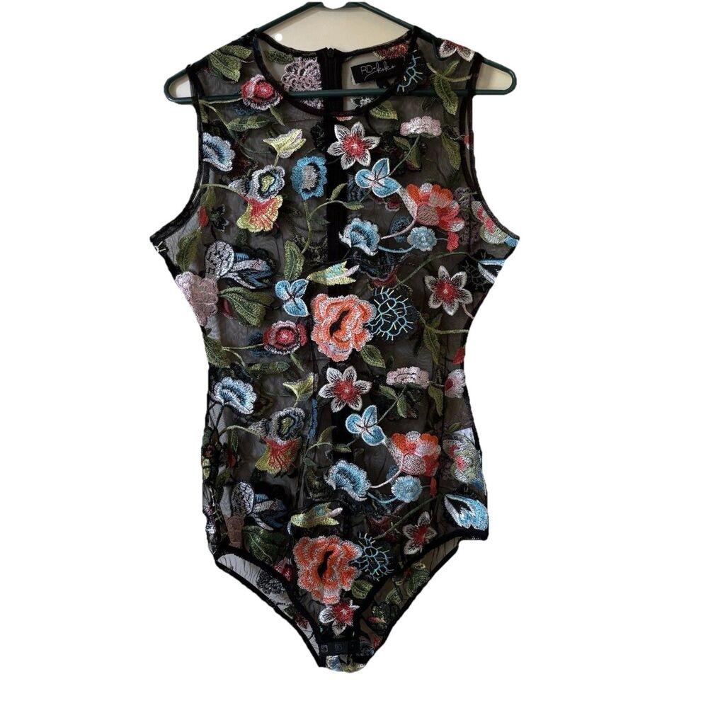 Anthro RD Koko Sheer Mesh Floral Embroidered Bodysuit Black Boho L Zip Back